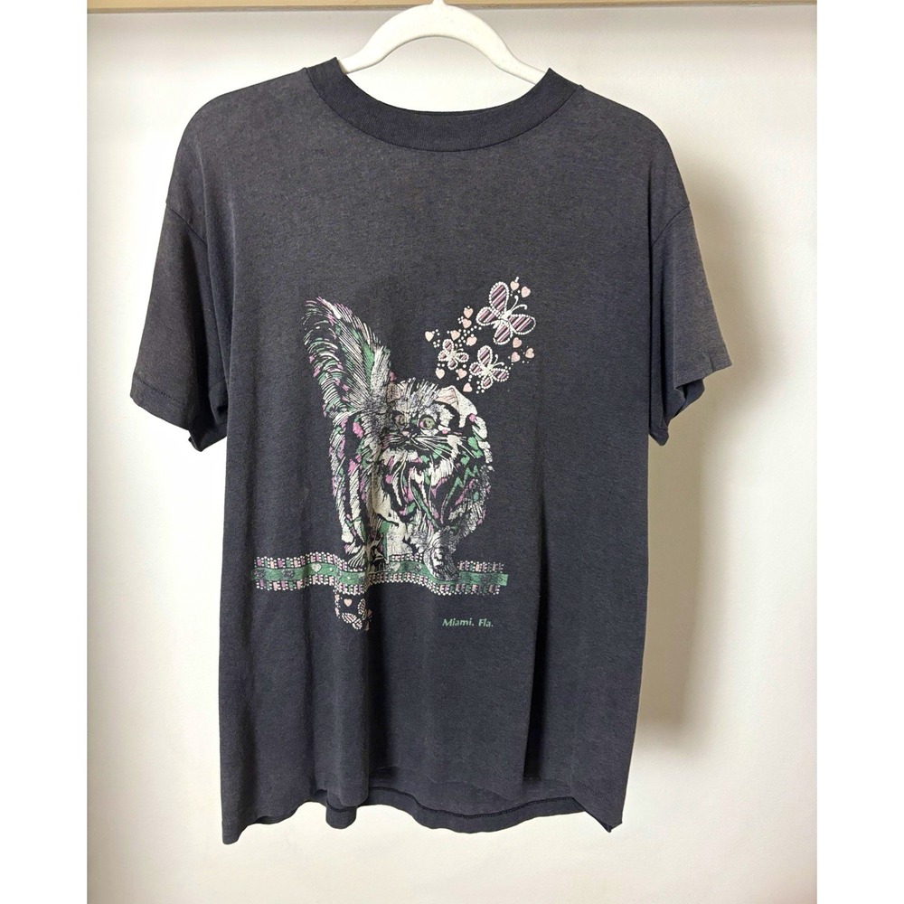 Vintage 1980s Miami Fla Cat Graphic T-Shirt Black Cotton Short Sleeve L XL